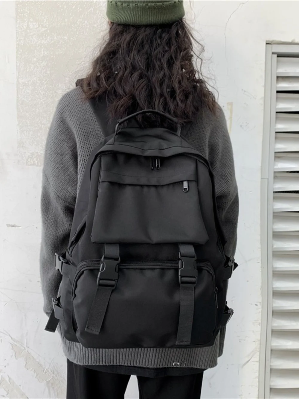 Men's Black Tactical Backpack with Buckle Straps
